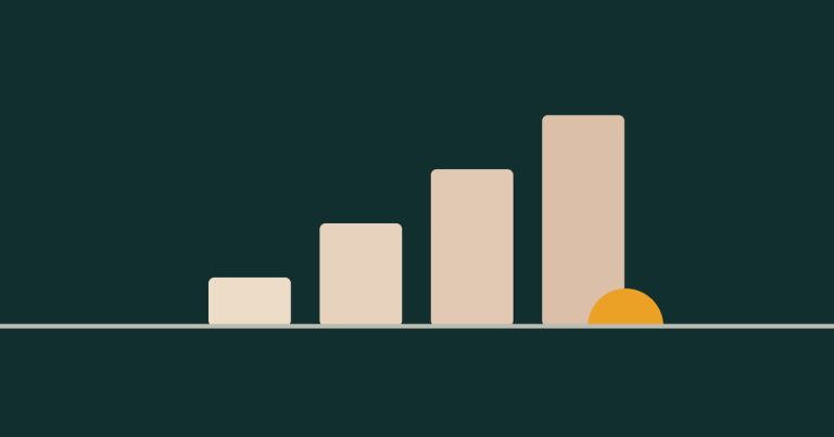 Four rising bars marking the decades, with a dawn sun on the horizon at the far end.