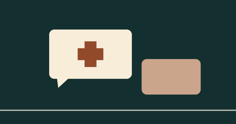 A speech bubble carrying a medical cross, answered by a second, quieter bubble.